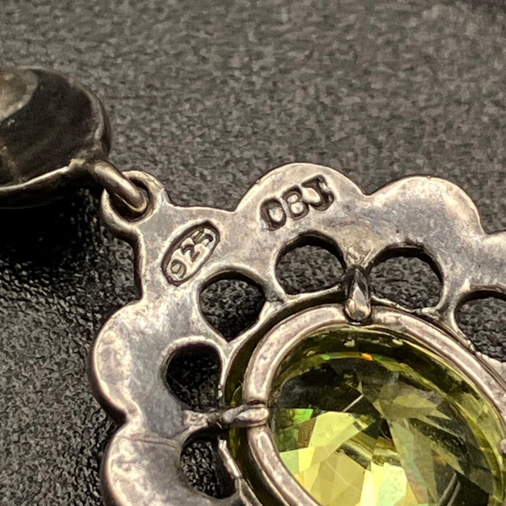 Sterling Silver Earrings Green Stone Marcasite Drop 1.125" - Picture 7 of 10